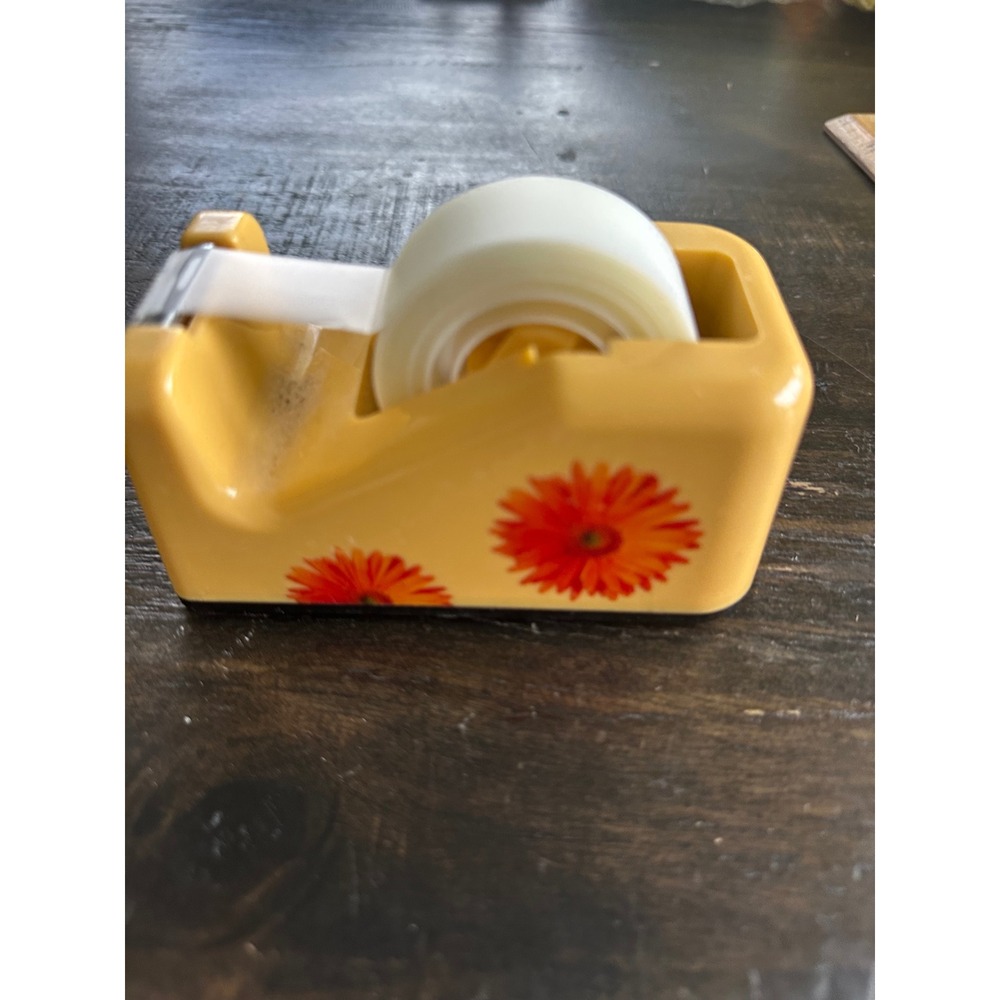 Vintage Scotch Tape Dispenser Yellow with Orange Flowers Weighted Desktop 6019